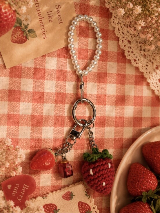 Accessories - Pearl Style Beaded Strawberry Keychain/Bag Charm with Crochet Charm